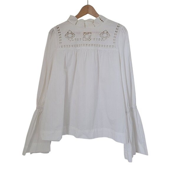 Free People ANOTHER ETERNITY Bell Sleeve Eyelet White Cotton Blouse Sz L - Picture 1 of 9